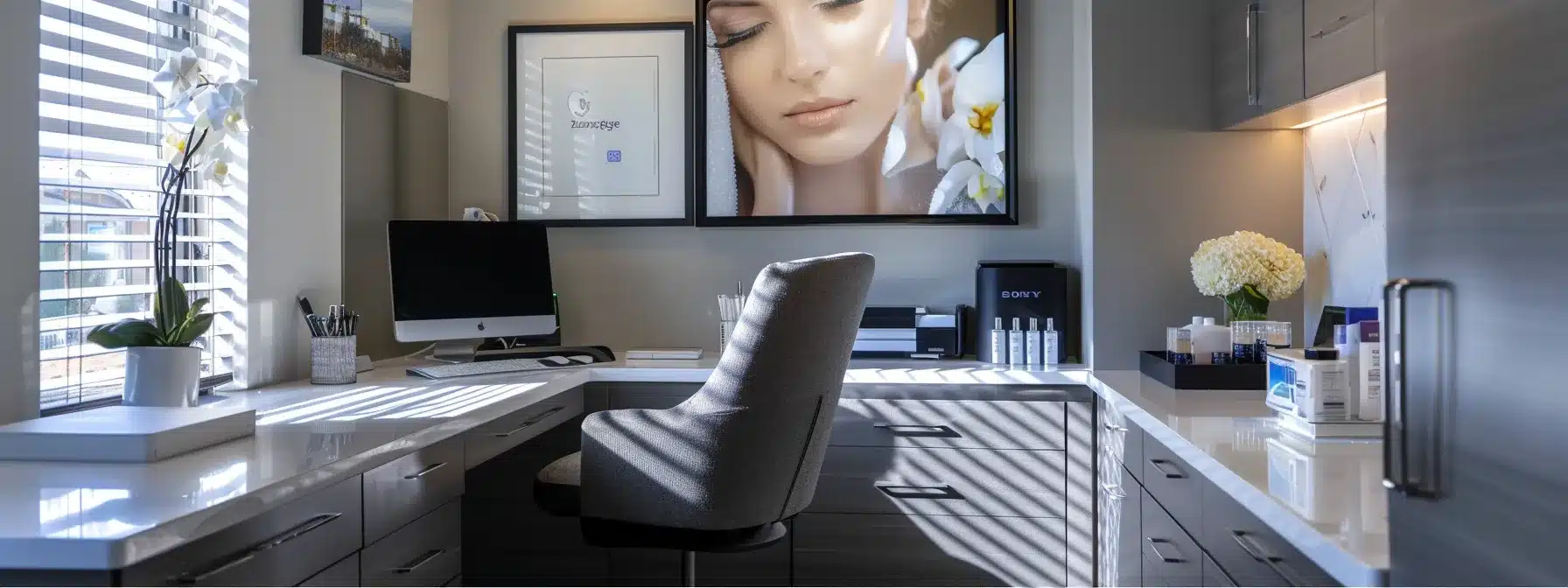 a sleek, modern office desk with a computer displaying a detailed med spa business plan.