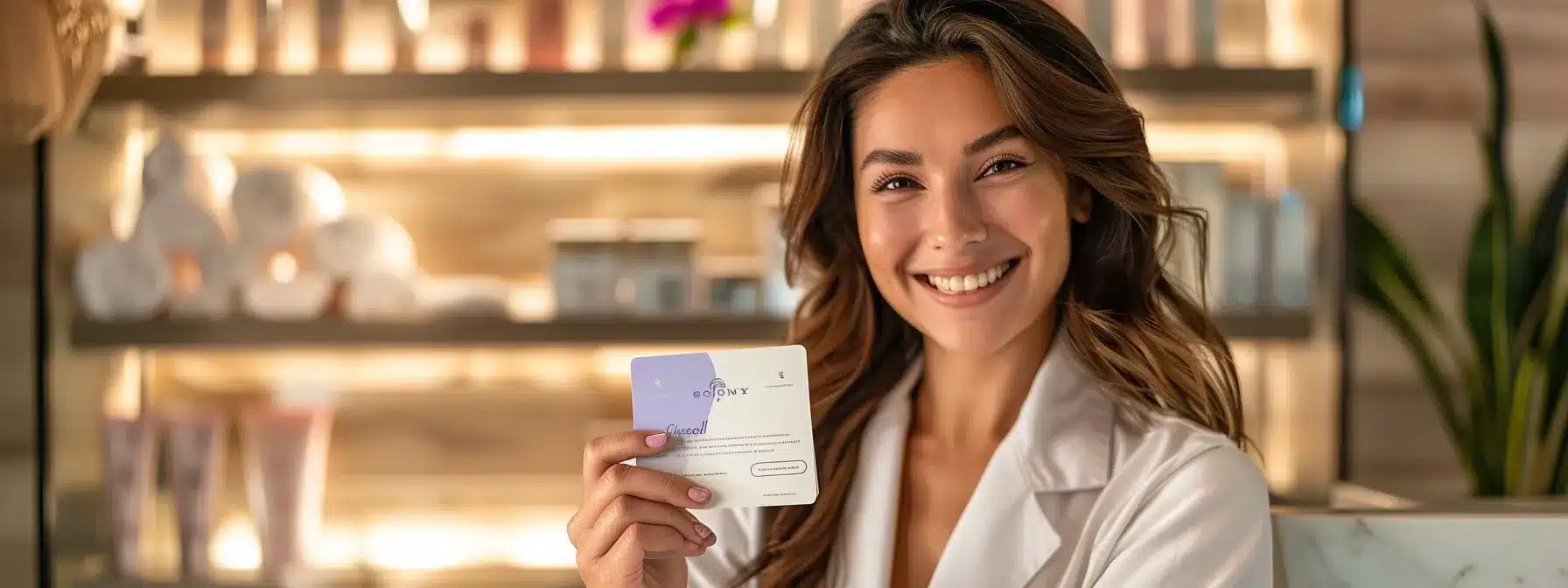 a smiling customer holding a glowing review card surrounded by a modern, elegant medspa setting.