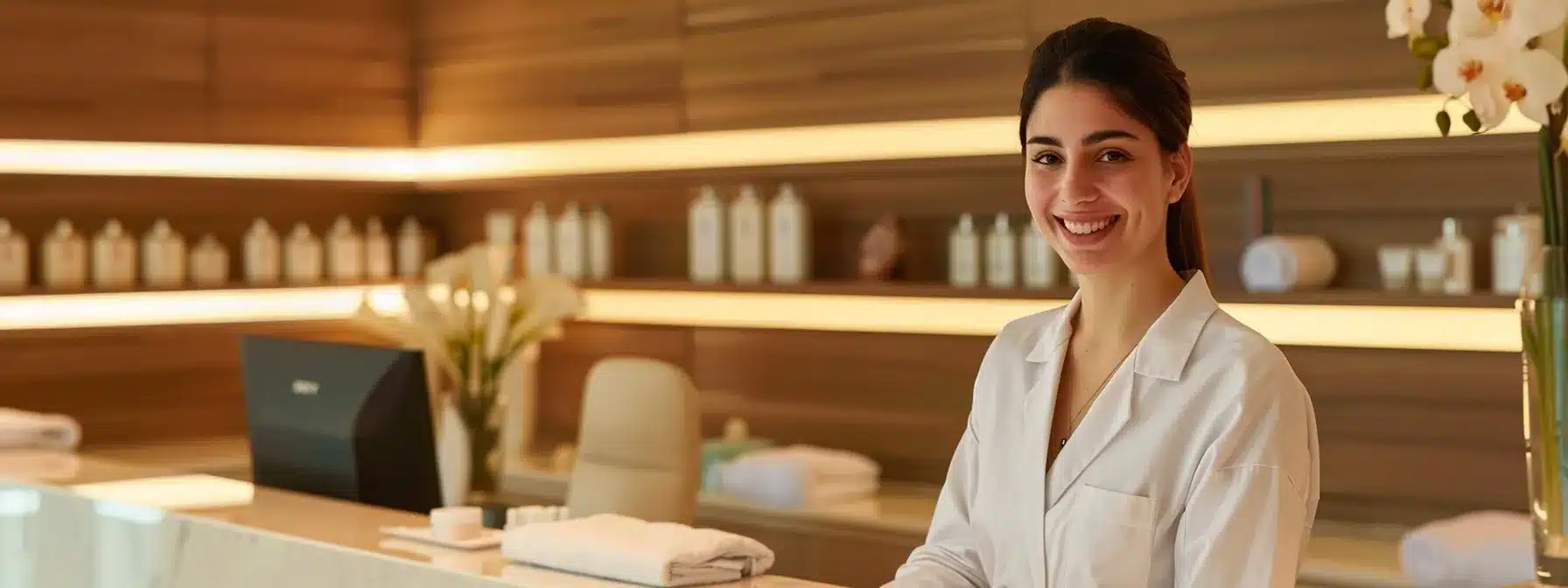 a smiling receptionist warmly welcoming clients at a modern and elegant front desk in a luxurious medical spa.