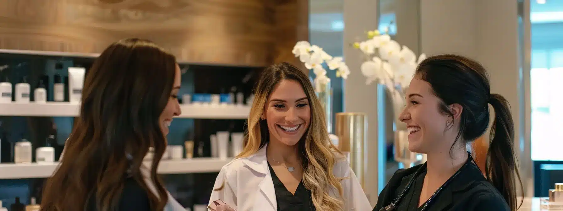 a smiling sales team working together in a sleek, modern medspa environment.