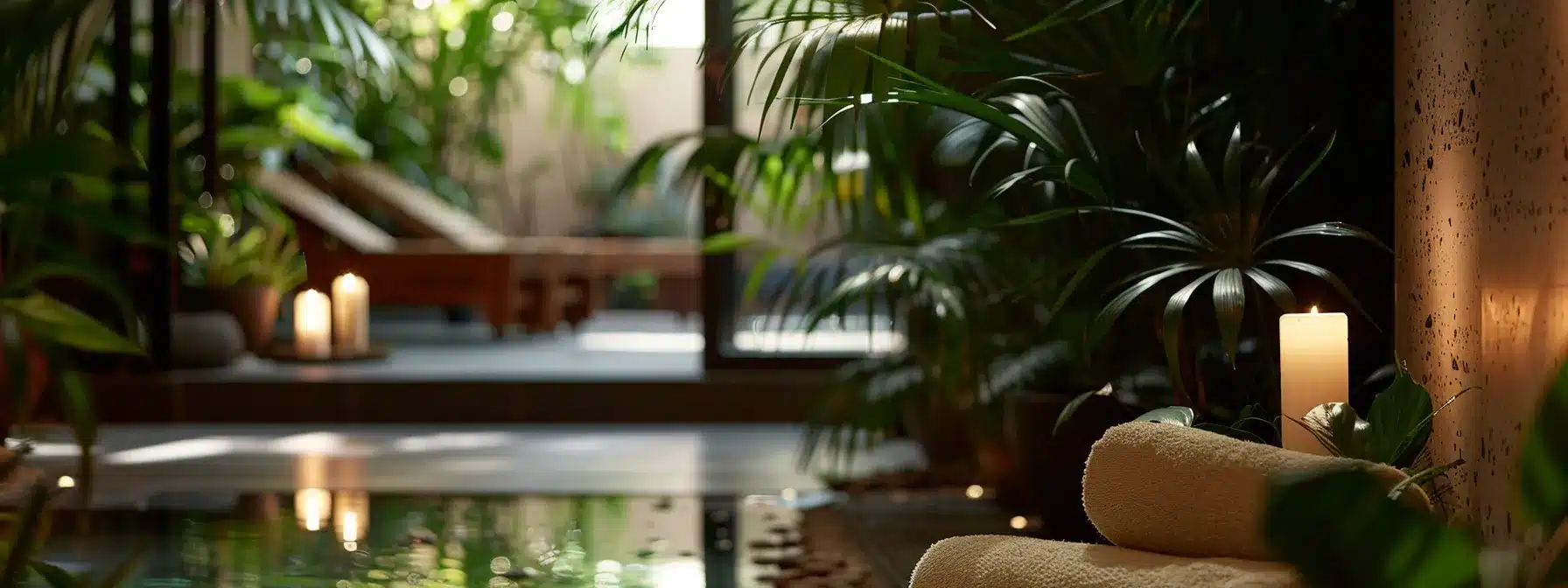 a tranquil spa setting with lush greenery and soft candlelight, welcoming first-time visitors into a serene space filled with promise and relaxation.