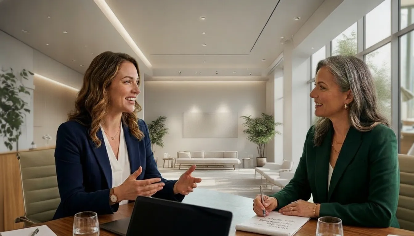 Med spa owner and advisor planning a profitable service menu
