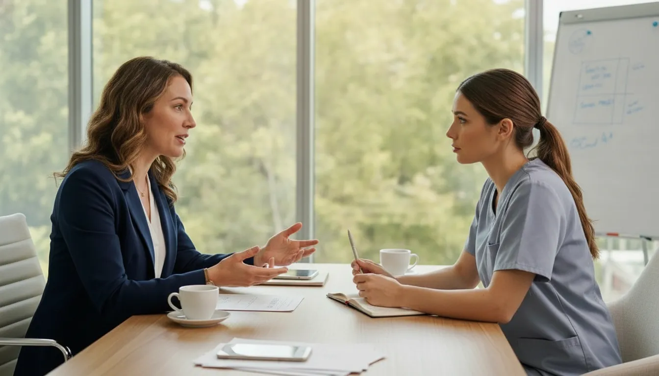 Business consultant coaching a physician practice owner in a modern medical office